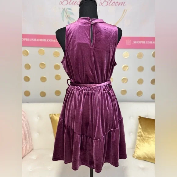 Velvet Mock Neck Tie Waist Dress | Plum Holiday Party Mini Dress - Picture 6 of 7